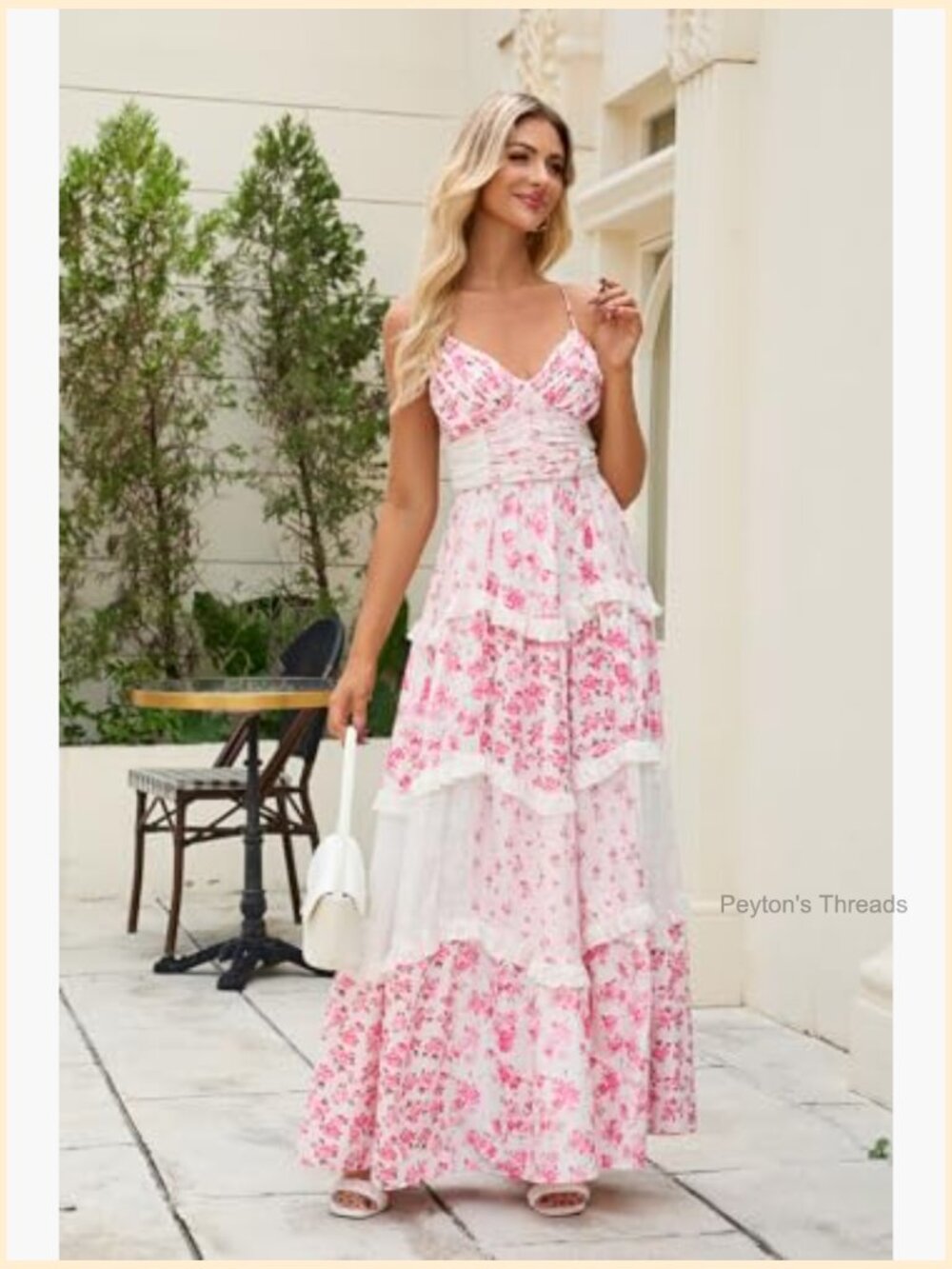 Boho Floral Maxi Dress Spaghetti Strap V-Neck Patchwork Flowy Summer Fall - Picture 4 of 7
